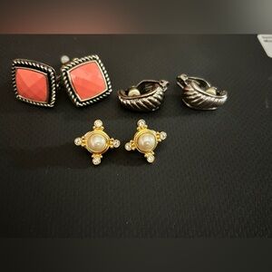 P13 Vintage Earrings Lot | Clip-On + Studs | Pearl Rhinestone + Coral + Silver